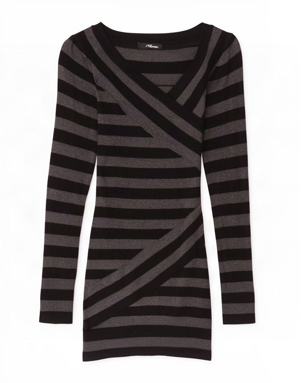 Jane Norman Dame Longline V-hals Jumper Sweater UK 10 Lille Grå Stribet