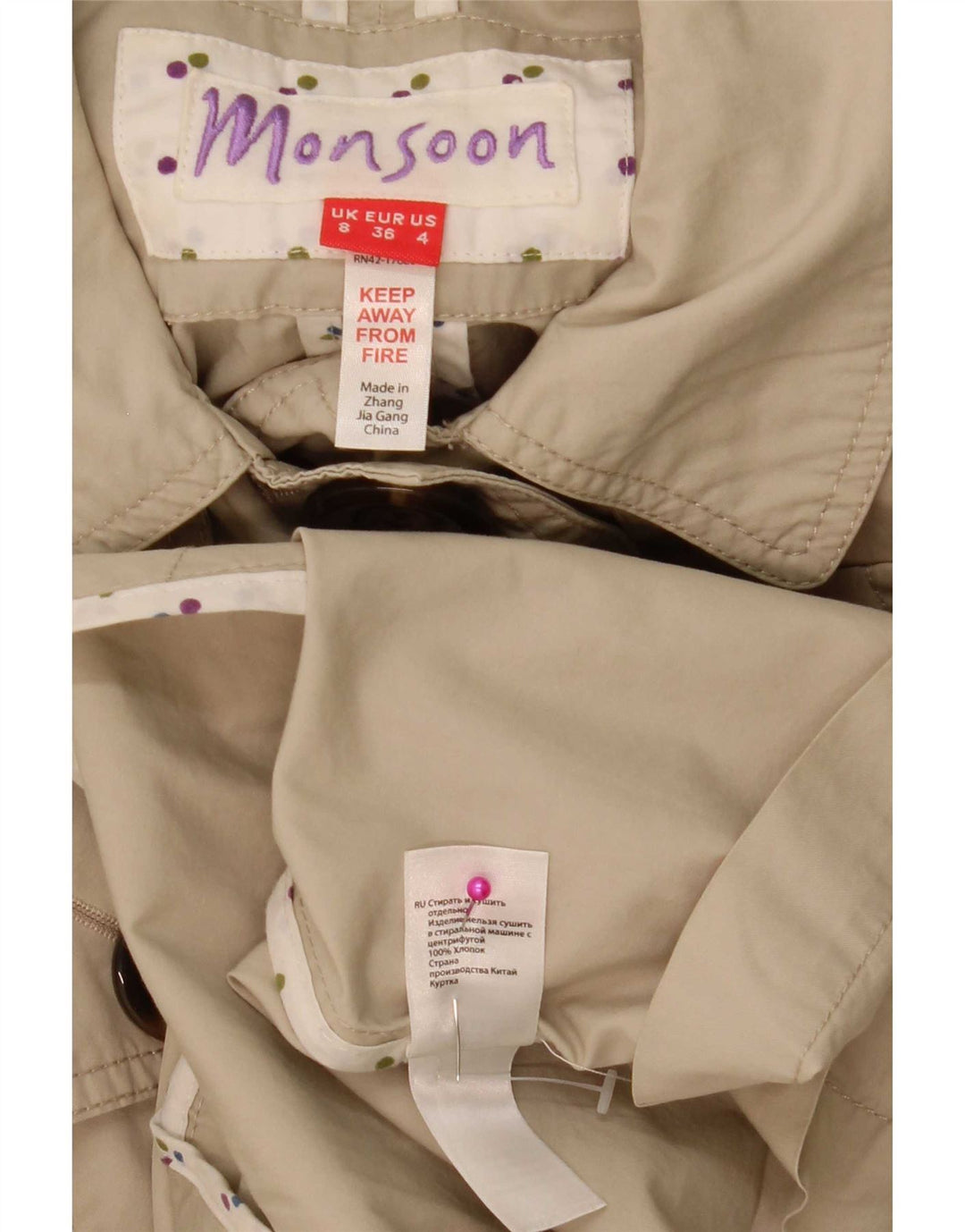 Monsoon Womens Trench Coat UK 8 Small Beige Bomuld