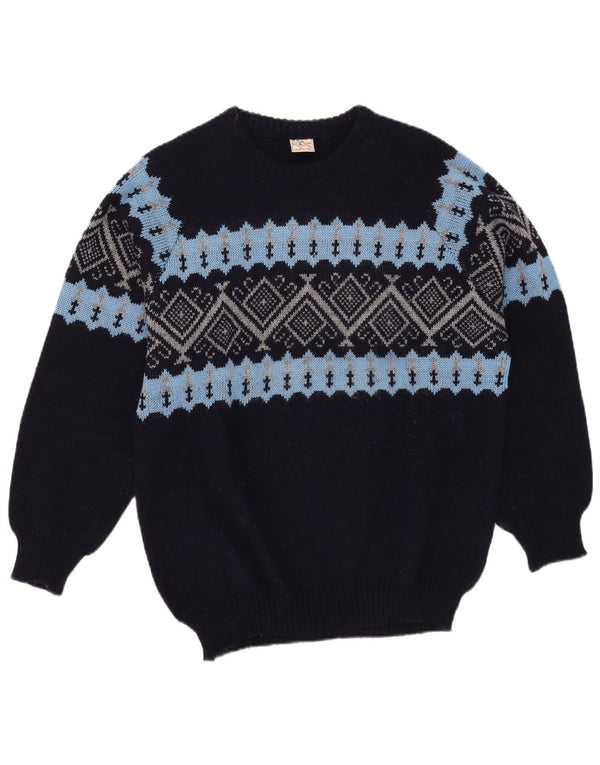 Vintage herre rund hals sweater XL marineblå Fair Isle akryl