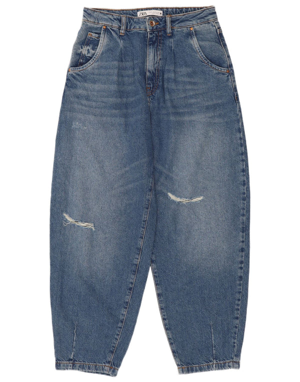 Zara Dame Ballon Distressed High Waist Jeans EU 36 XS W26 L26 Blå