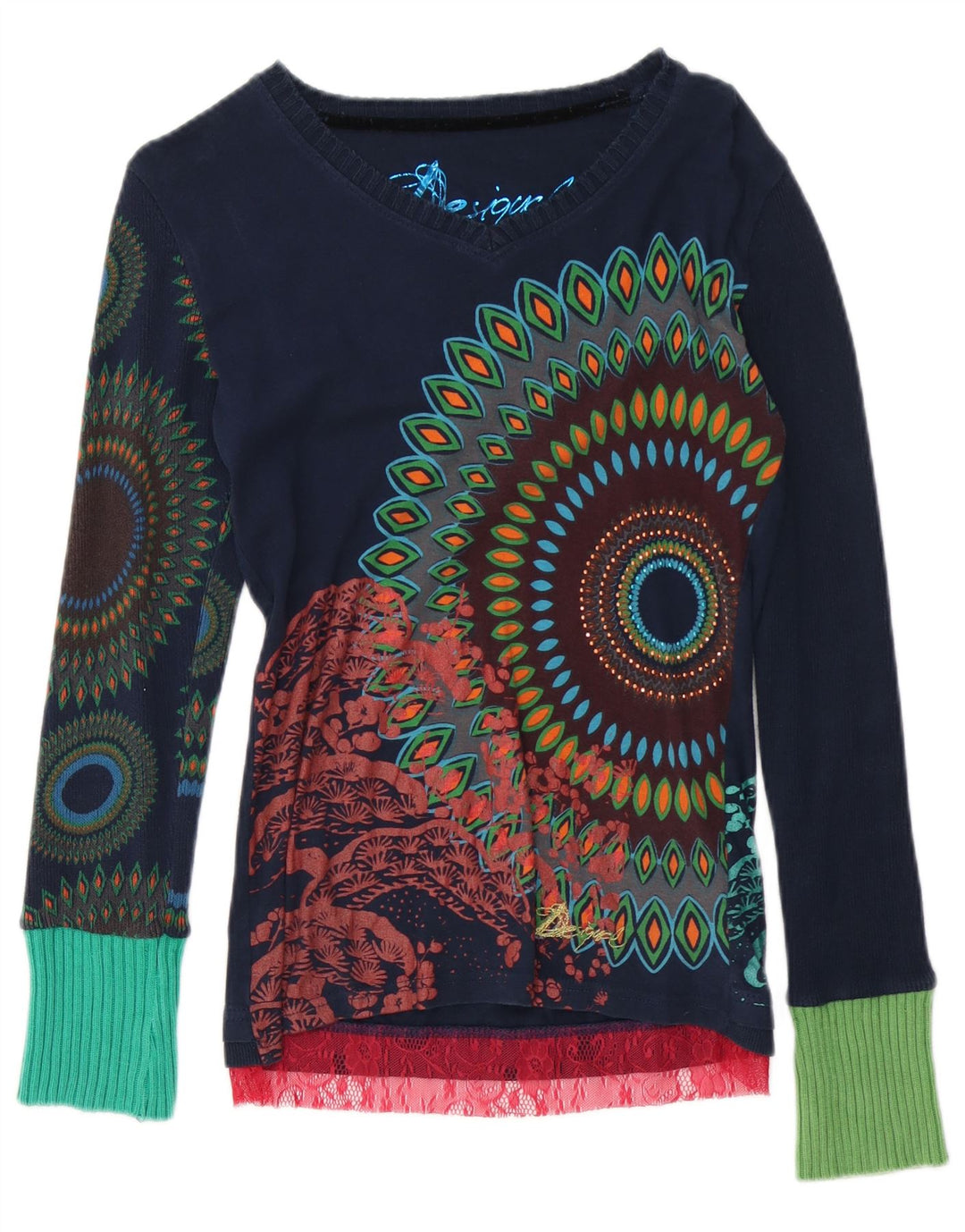 Desigual Dame Grafisk Top Langærmet UK 12 Medium Navy Blue Bomuld