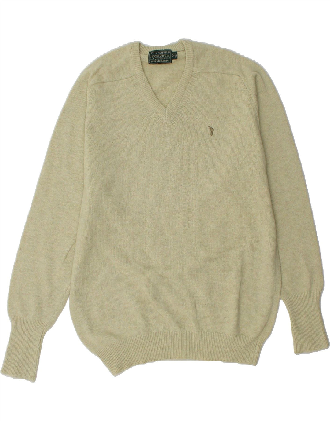 JOHN ASHFIELD Mens V-Neck Jumper Sweater IT 50 Medium Beige Wool Vintage John Ashfield and Second-Hand John Ashfield from Messina Hembry 