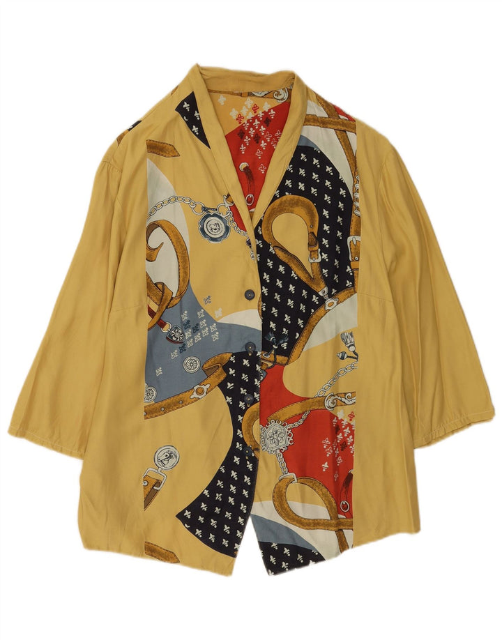 Vintage kvinders abstrakt mønster 3/4-ærmet skjortebluse UK 14 Large Yellow