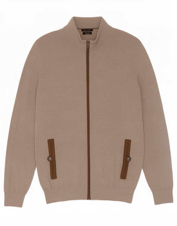Massimo Dutti Herre Cardigan Sweater Stor Beige Colourblock Bomuld