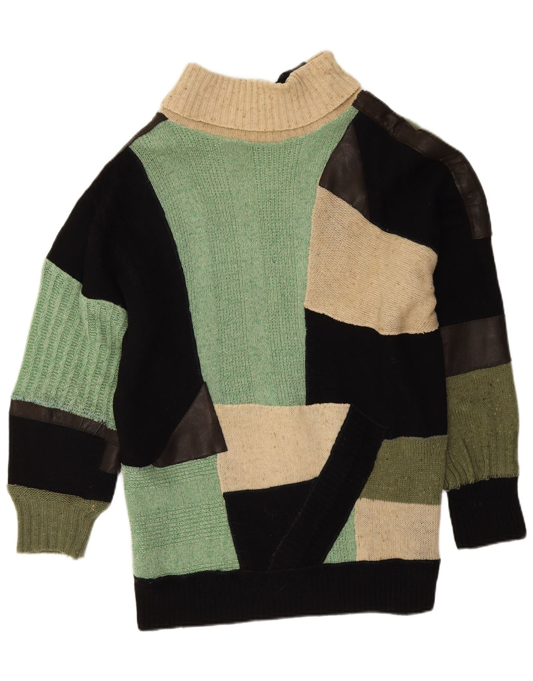Vintage Dame Roll Neck Jumper Sweater UK 14 Stort flerfarvet patchwork