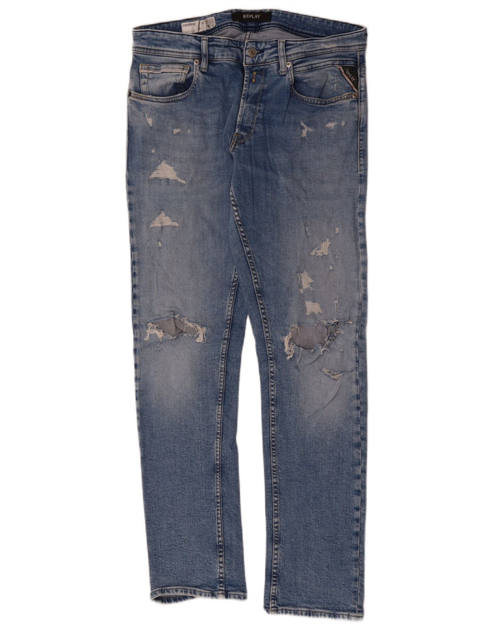 REPLAY Womens Grover Distressed Straight Jeans W31 L32 Blue Cotton