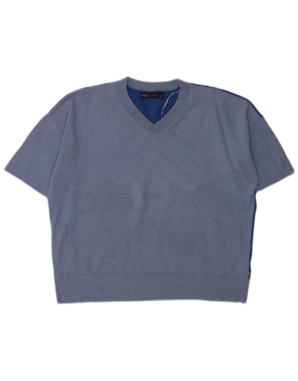Marks & Spencer Dame Kortærmet V-hals Jumper Sweater UK 10 Small Blue