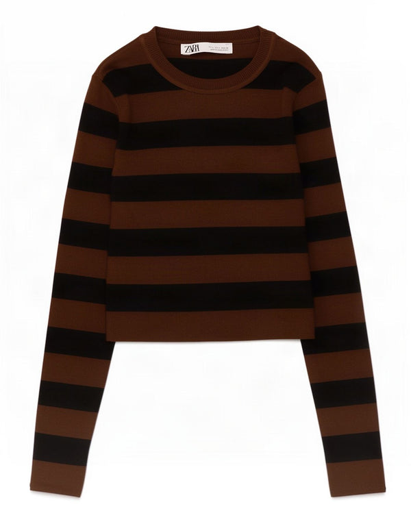 Zara Dame Top Langærmet UK 8 Lille Brun Stribet Viscose