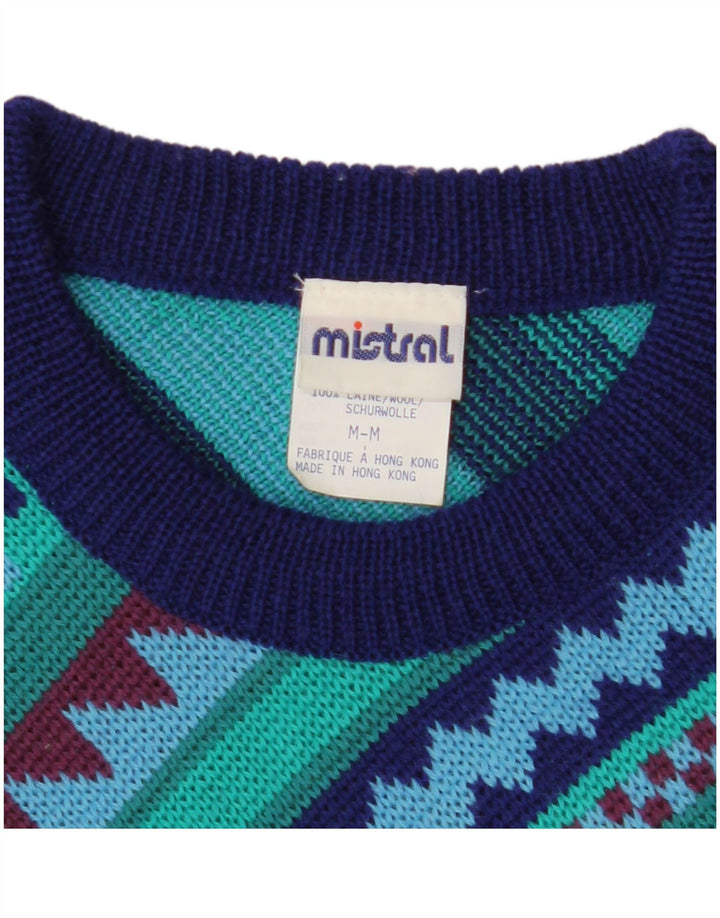 MISTRAL Herre Boat Neck Jumper Sweater Medium Marineblå Geometrisk Uld
