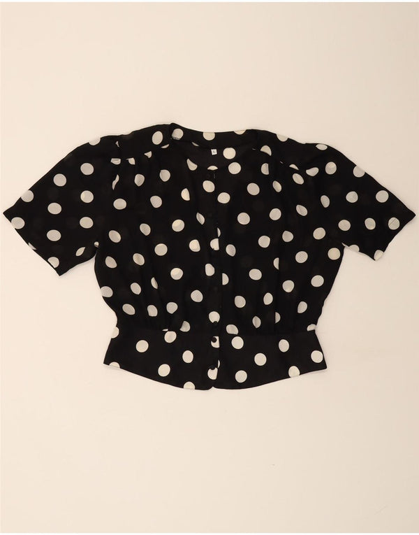 VINTAGE Kortærmet skjortebluse til kvinder UK 16 Stor sort polka Dot