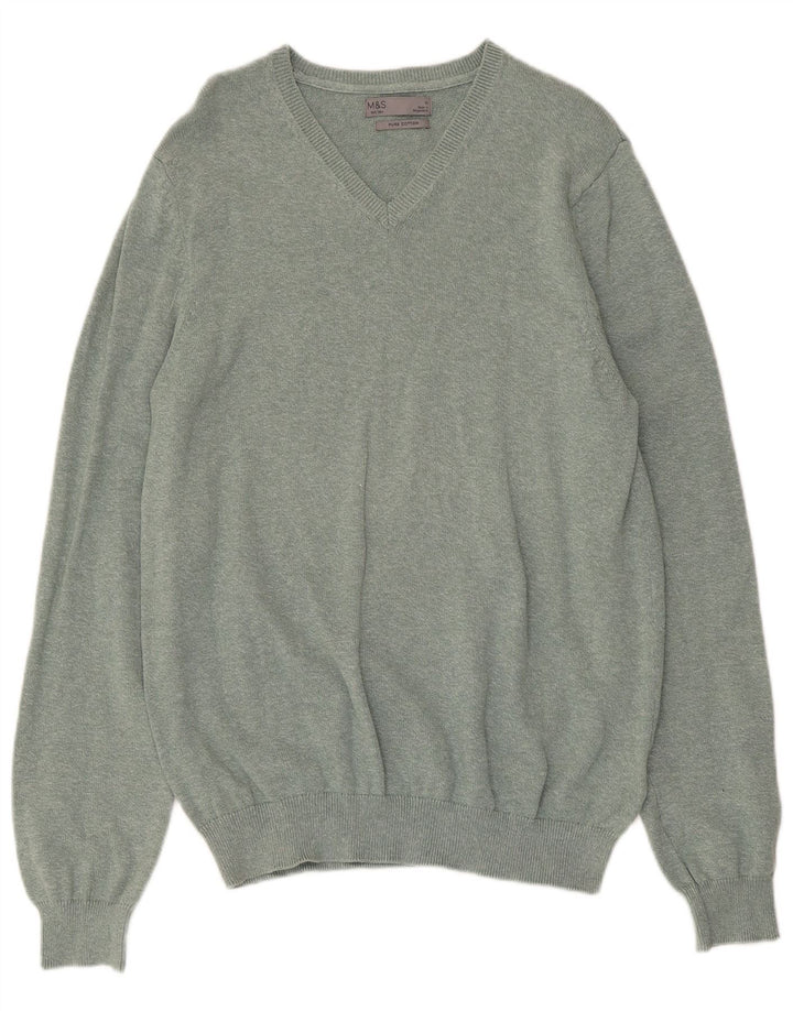 MARKS & SPENCER Herre V-hals sweater Medium Grøn Flecked Bomuld