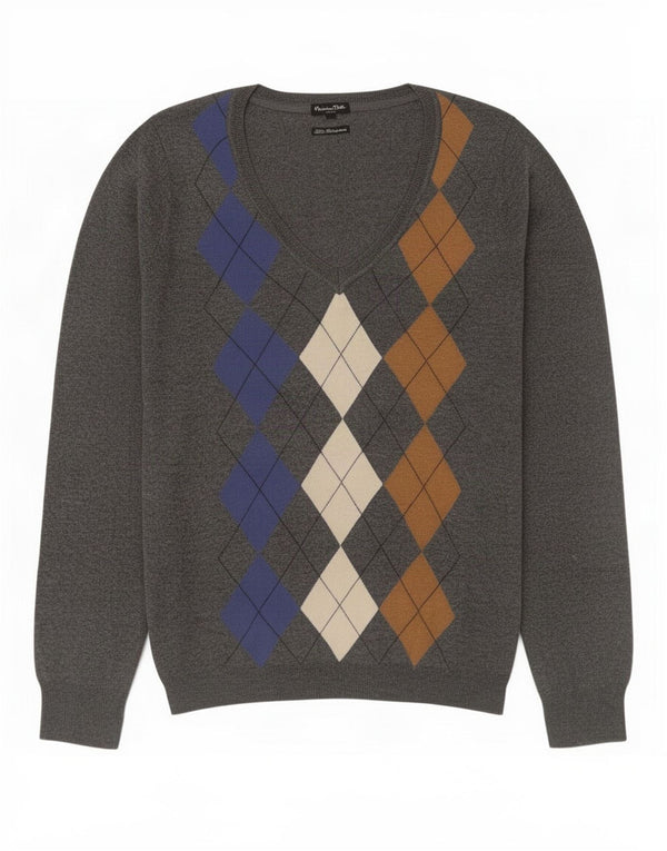Massimo Dutti Dame V-hals sweater UK 16 Large Grey Argyle/Diamond