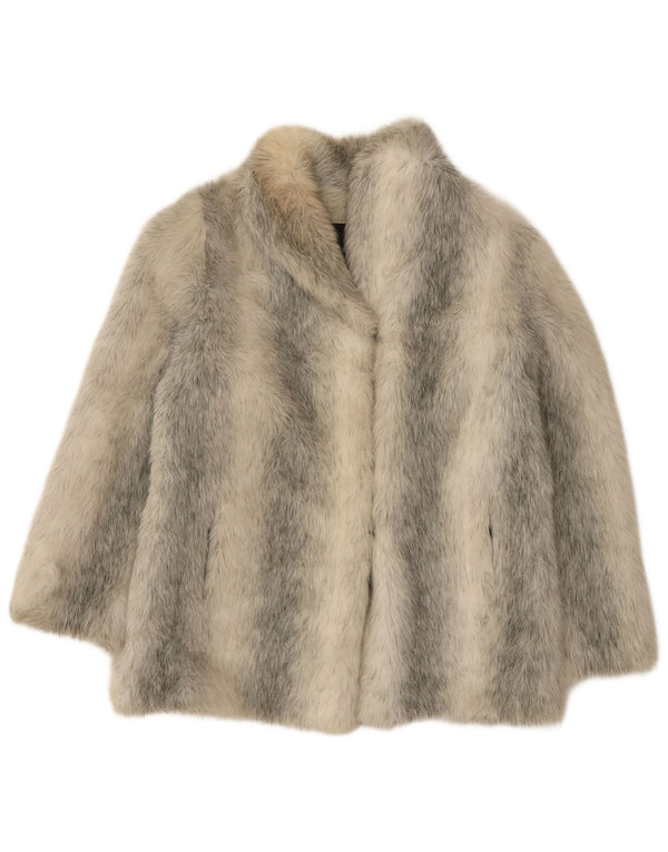 Vintage Dame Loose Fit Faux Fur Coat UK 10 Små grå stribet akryl