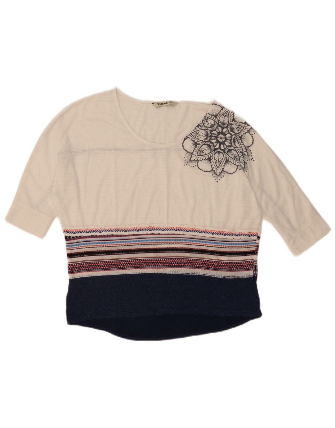 Desigual Womens Grafisk Top 3/4 ærme UK 10 Small White Colourblock