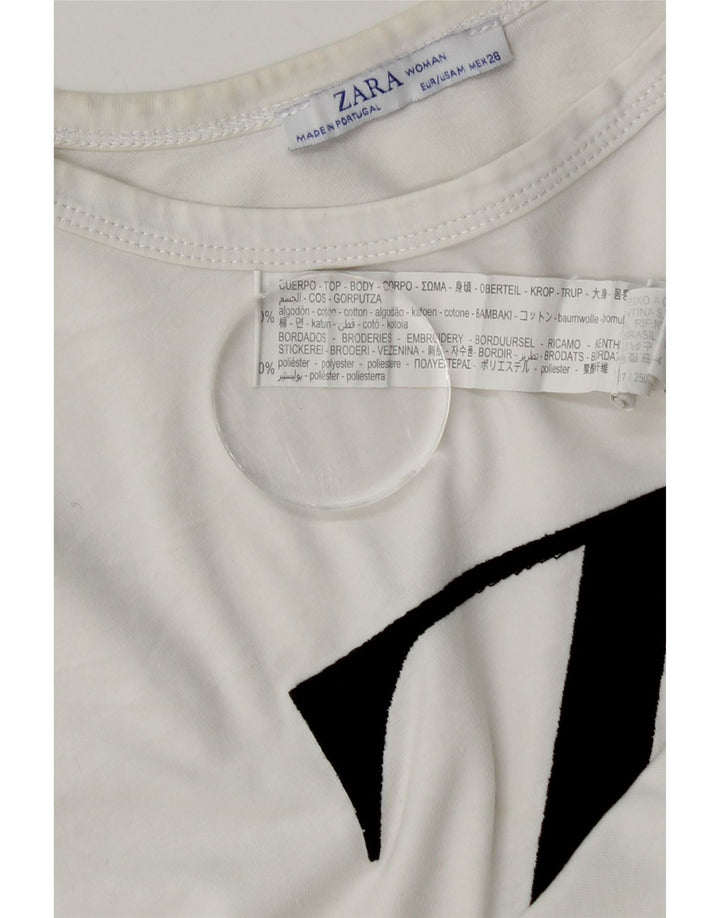 Zara Grafisk T-Shirt Top UK 14 Medium Hvid Bomuld