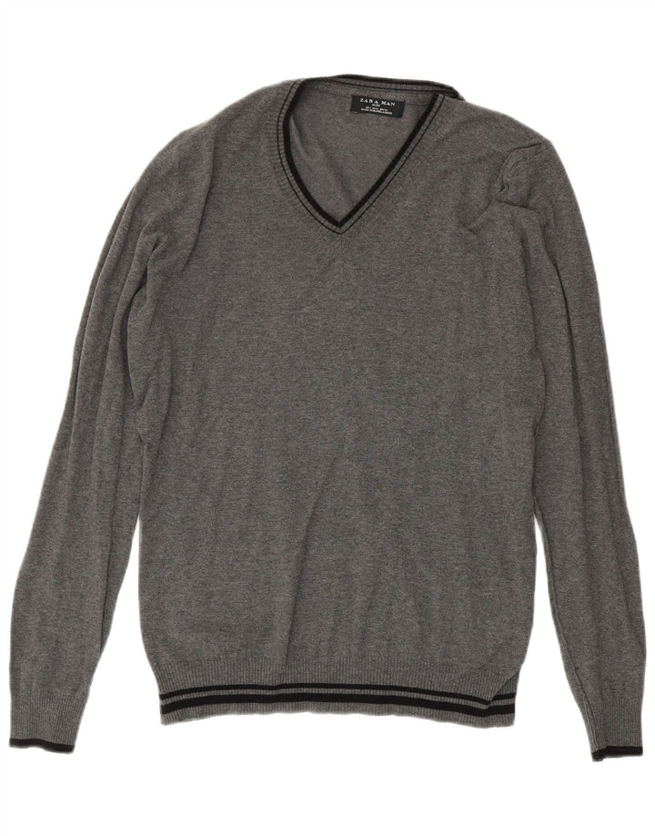 Zara Herre V-hals sweater Stor grå stribet bomuld