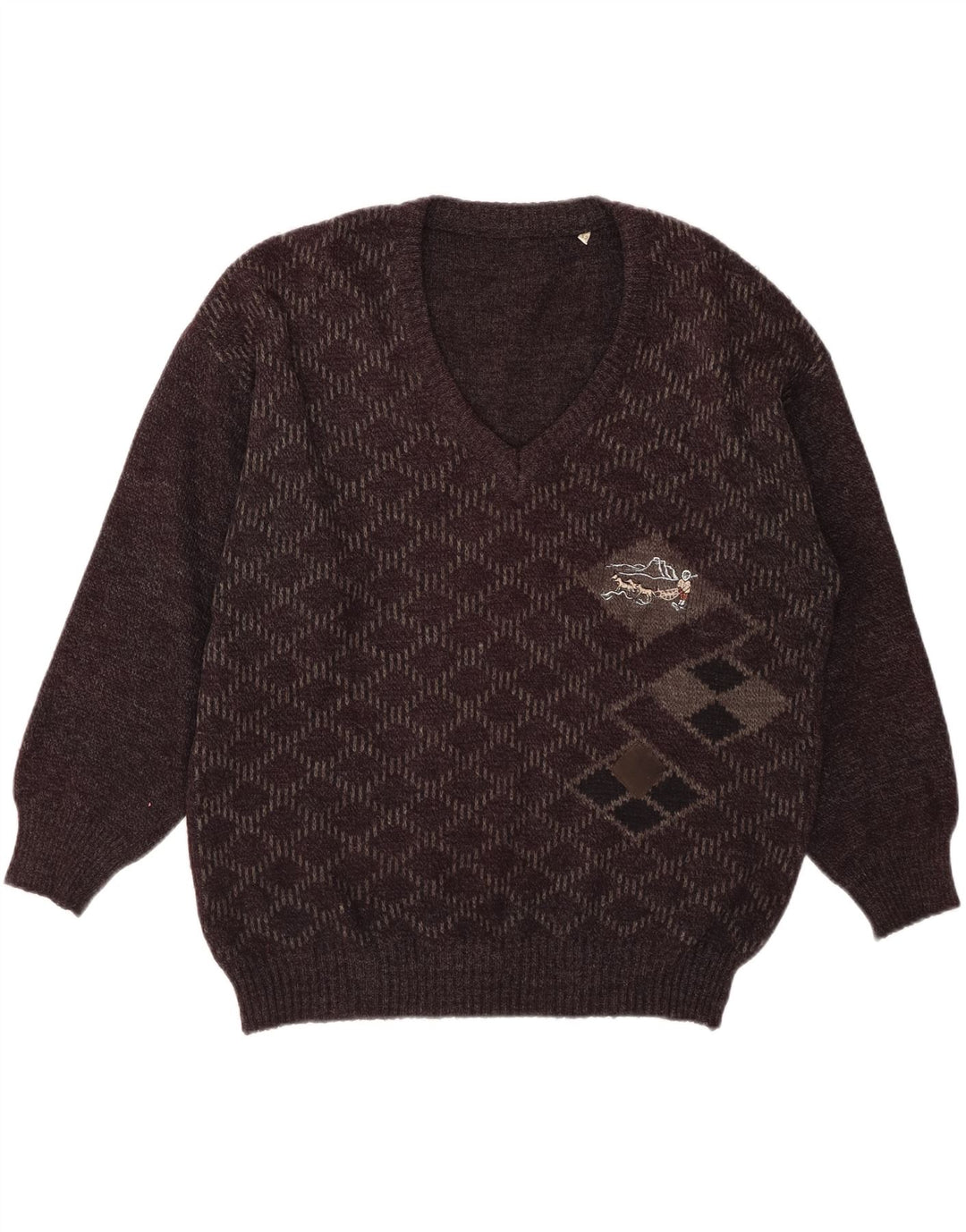 VINTAGE Mens V-Neck Jumper Sweater IT 52 Large Black Argyle/Diamond