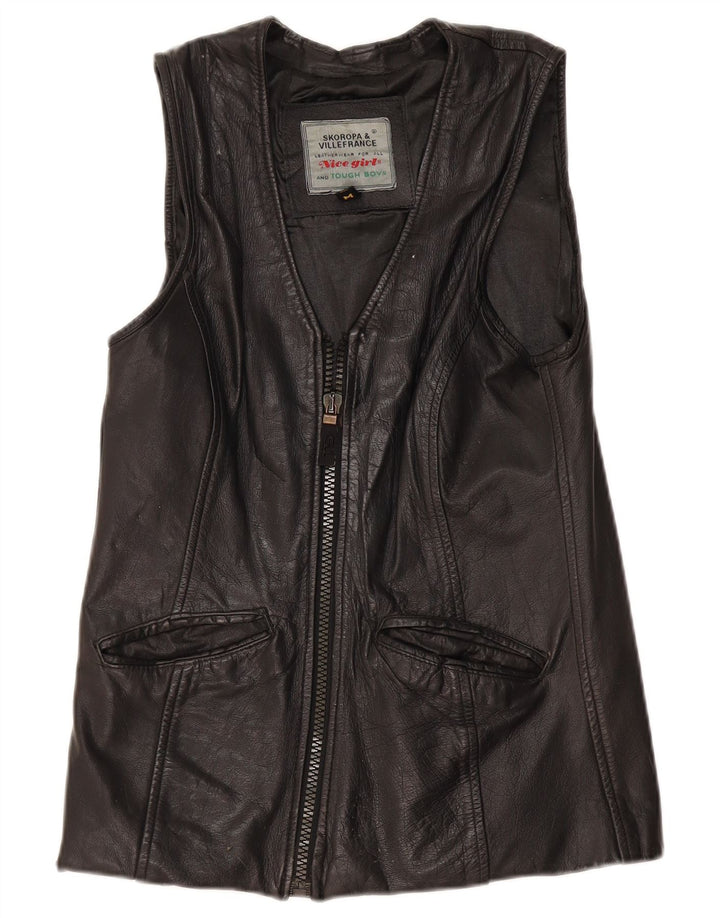 Vintage Dame Læder Gilet UK 12 Medium Sort Læder