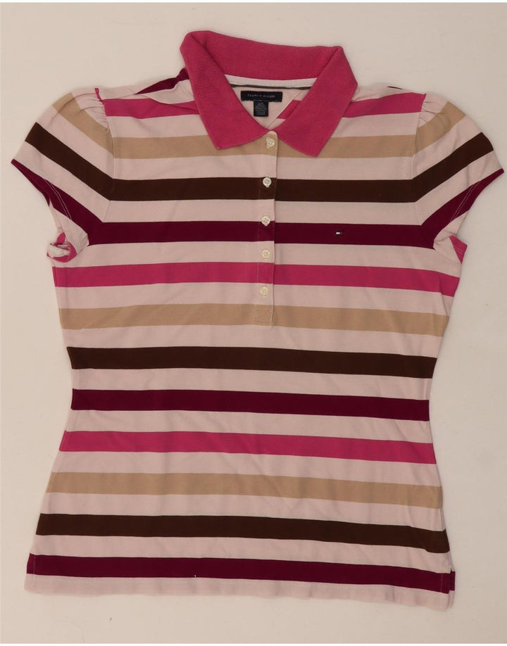 Tommy Hilfiger Dame Polo Shirt UK 14 Stor flerfarvet stribet bomuld