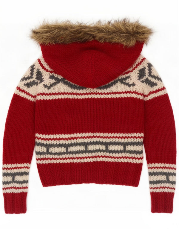 Superdry Dame Hætte Cardigan Sweater UK 10 Small Red Fair Isle Akryl