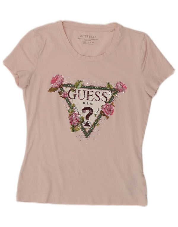 Guess Grafisk T-shirt top til kvinder UK 10 Small Pink Floral Cotton