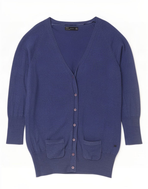 Zara Womens Longline Cardigan Sweater UK 12 Medium Blue Cotton
