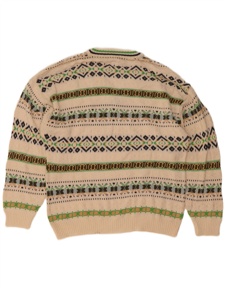 Vintage herre V-hals sweater Medium hvid geometrisk bomuld