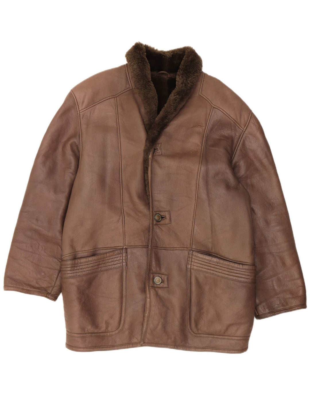 Vintage Shearling-jakke til mænd IT 52 Stor brunt læder