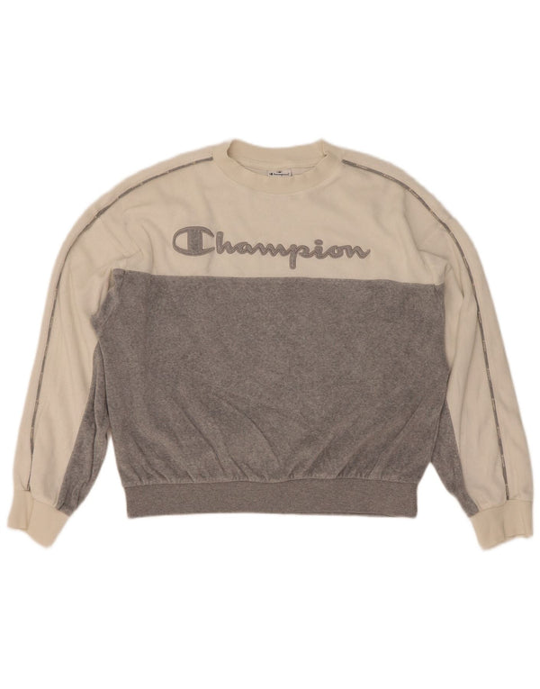 Champion Dame Grafisk Sweatshirt Jumper UK 14 Medium White Colourblock