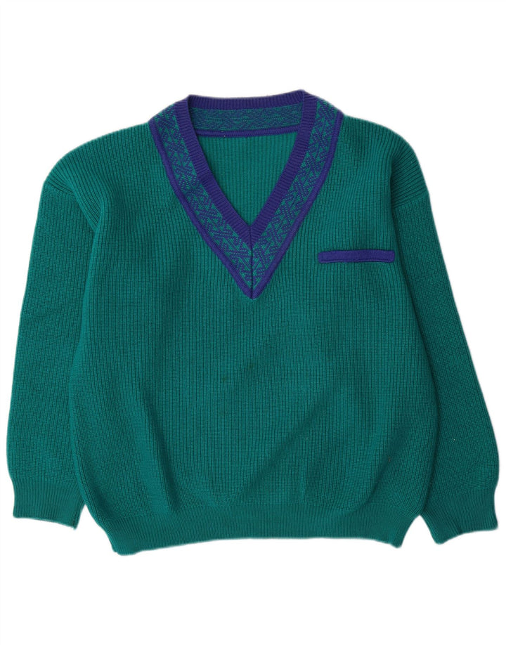 Vintage herre V-hals sweater stor grøn geometrisk uld