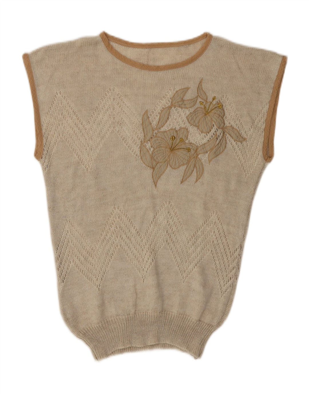 Vintage Dame Vest Tank Top UK 12 Medium Beige Floral Acryl