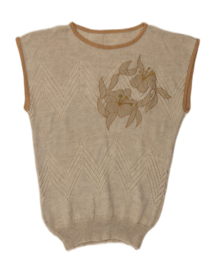 Vintage Dame Vest Tank Top UK 12 Medium Beige Floral Acryl