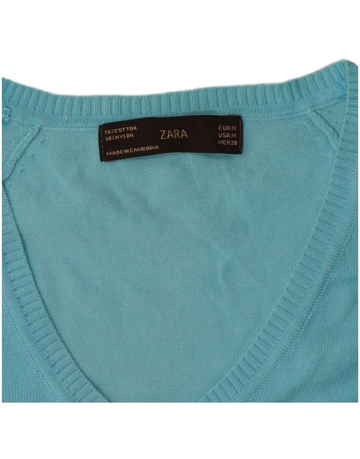 Zara Dame V-hals sweater UK 12 Medium Blue Bomuld