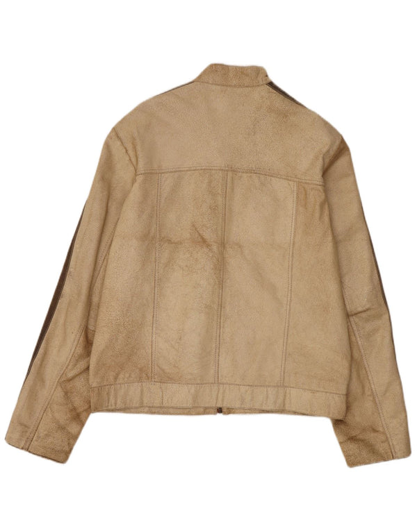 Kenvelo Mens Suede Racer Jacket UK 40 Large Beige Colourblock Leather