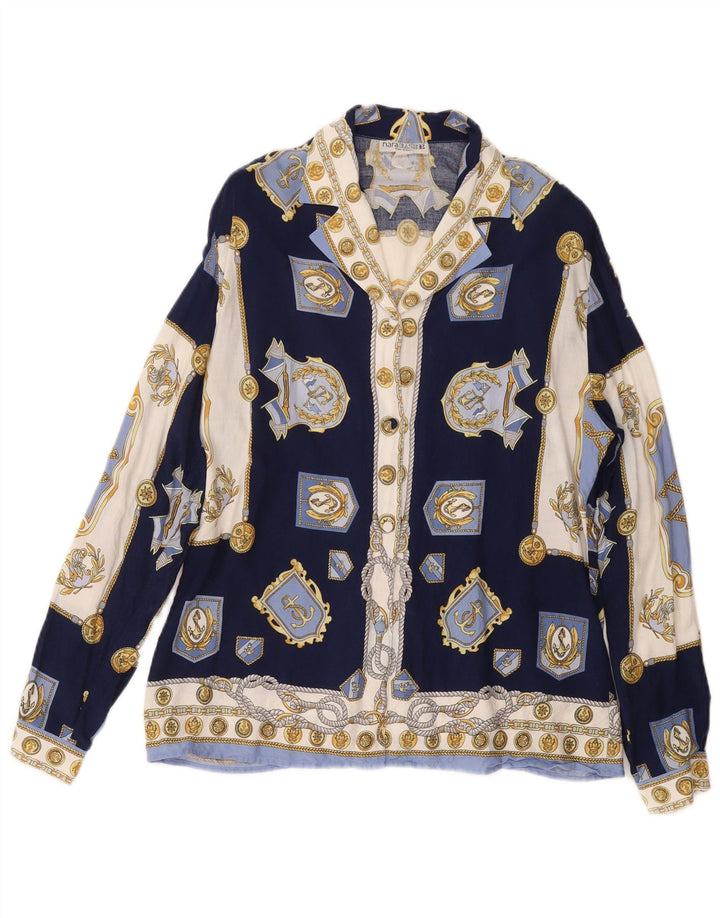 VINTAGE kvinders abstrakt mønster skjortebluse UK 14 Medium Navy Blue