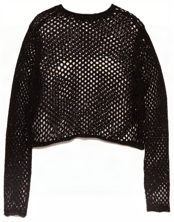 Zara Dame Oversized Langærmet Hæklet Se Through Top UK 10 Small Black