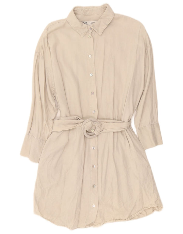 Zara Dame 3/4-ærmet denimkjole UK 10 Small Beige Lyocell