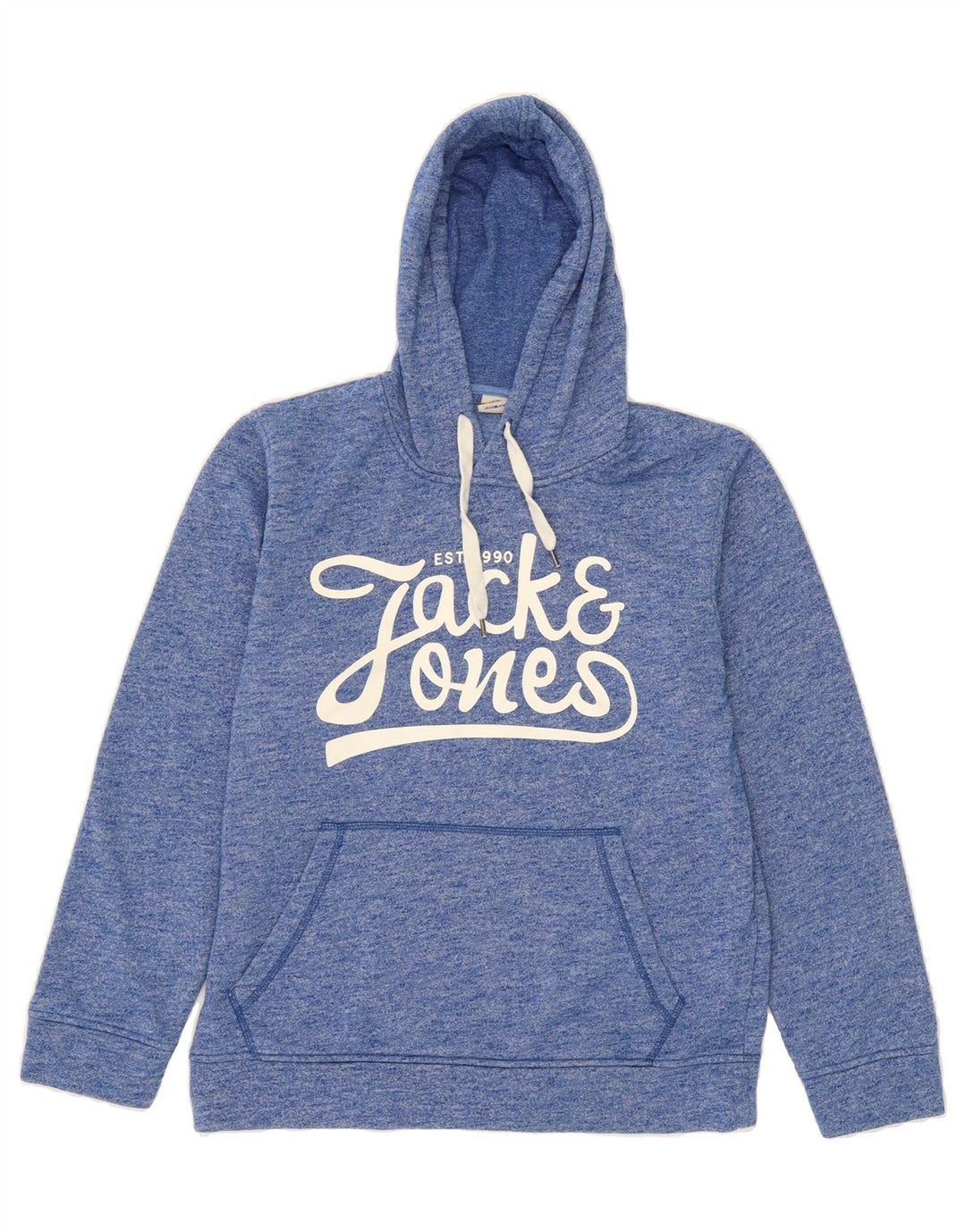 JACK & JONES Mens Graphic Hoodie Jumper Large Blue Flecked Polyester Vintage Jack & Jones and Second-Hand Jack & Jones from Messina Hembry 