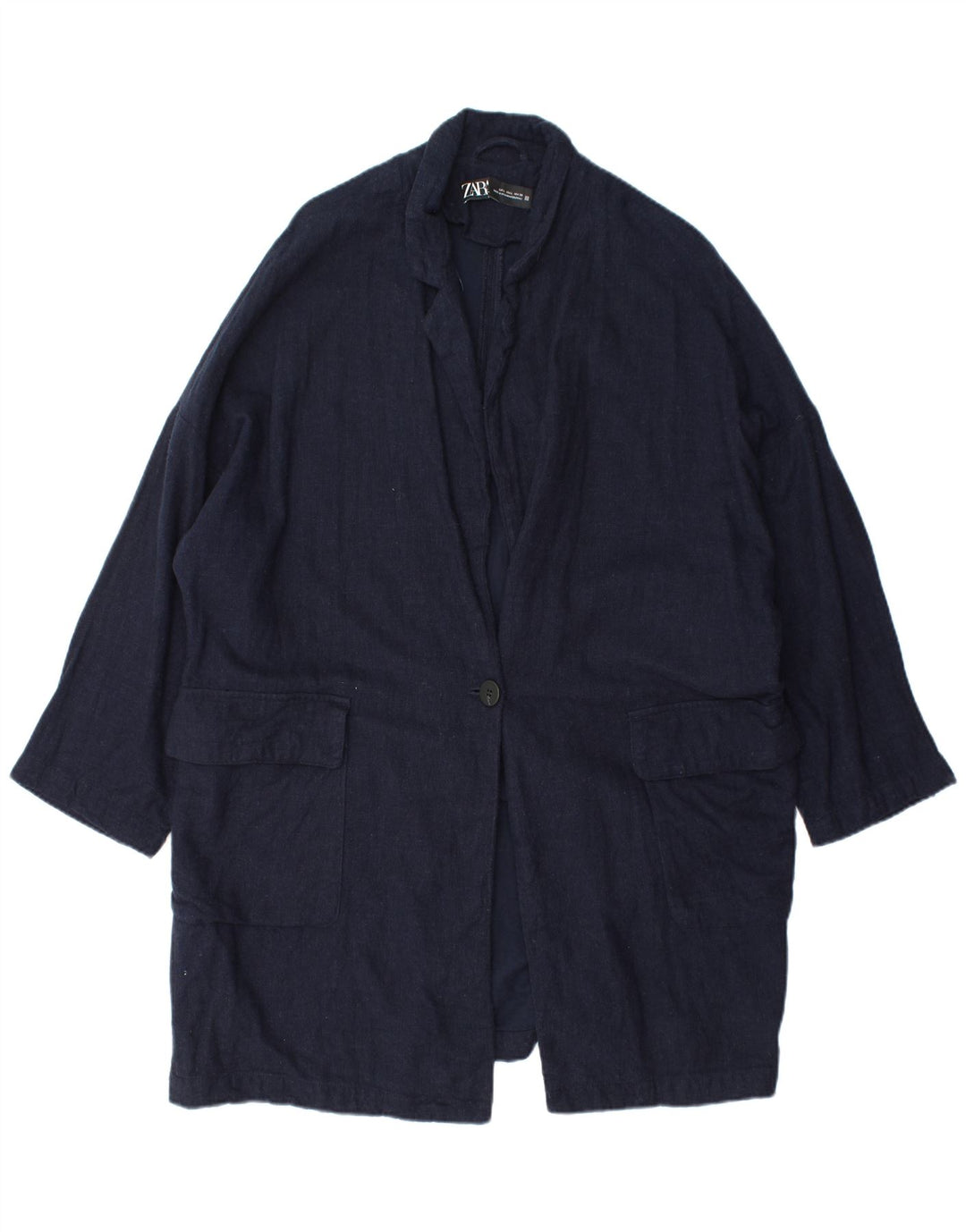 ZARA Dame Oversized Overfrakke UK 16 Large Navy Blue Viscose