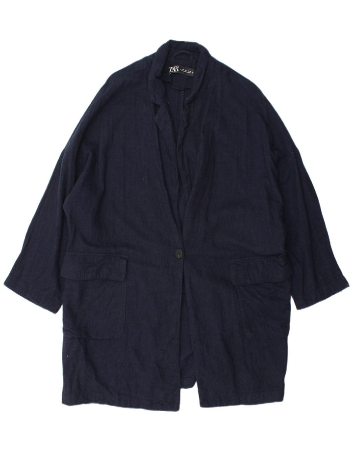ZARA Dame Oversized Overfrakke UK 16 Large Navy Blue Viscose