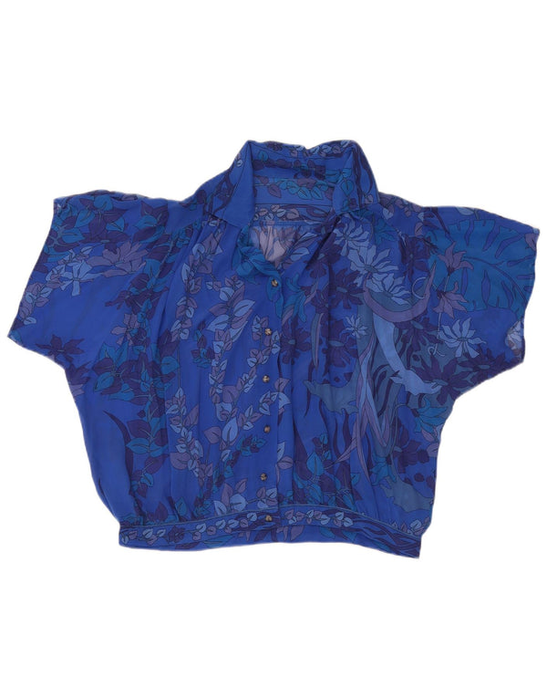 Vintage Dame Se Gennem Kortærmet Skjorte Bluse UK 18 XL Blue Floral