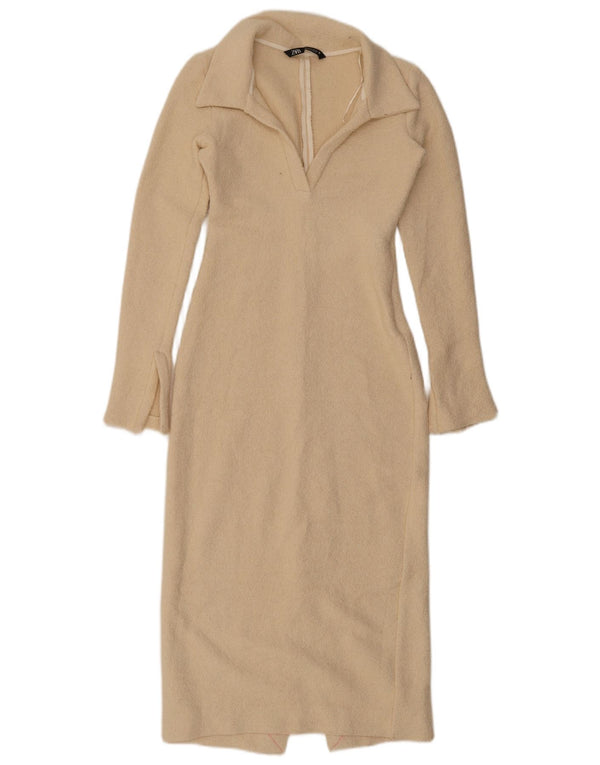 Zara Dame Langærmet Skede Kjole UK 8 Lille Beige Bomuld