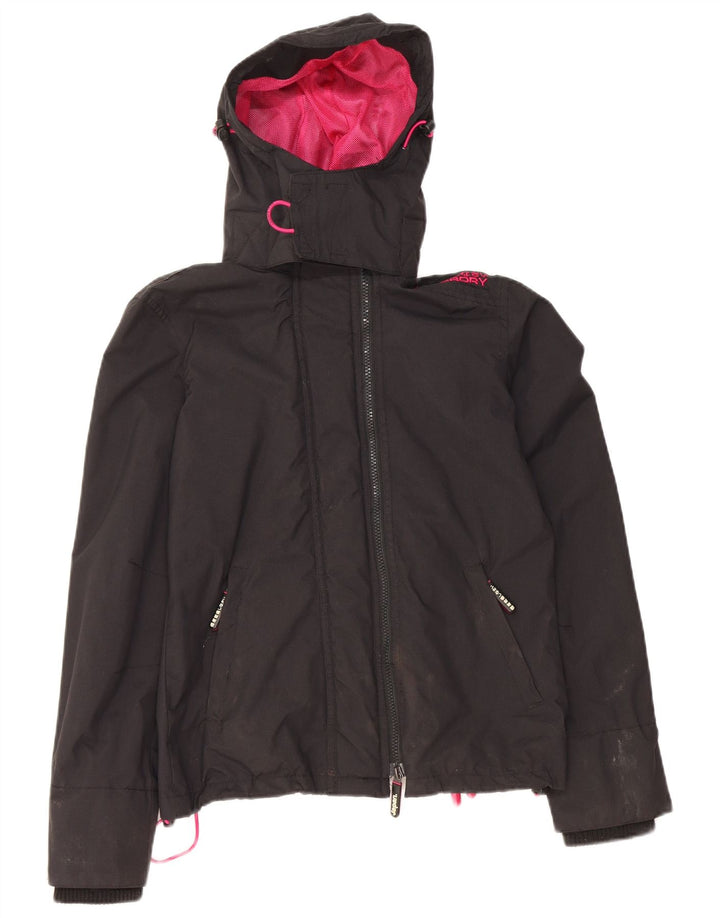SUPERDRY Womens Windcheater Hooded Rain Jacket UK 10 Small Black Nylon
