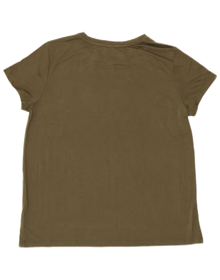 BENETTON Womens Graphic T-Shirt Top UK 14 Medium Khaki Lyocell