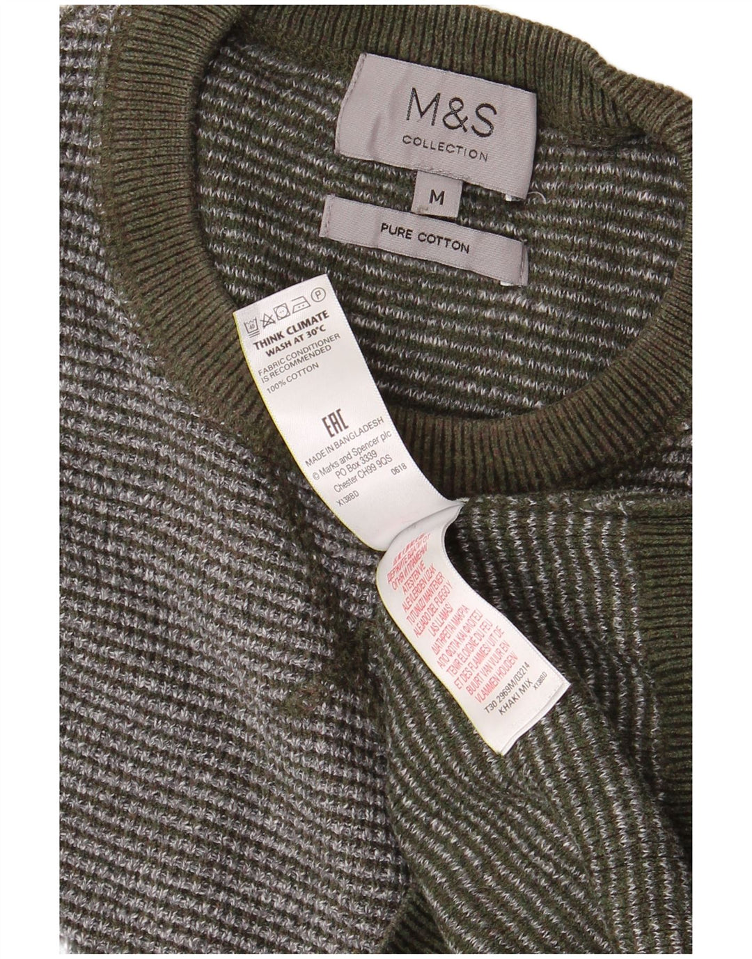 MARKS & SPENCER Herretrøjetrøje med rund hals, medium Khaki stribet bomuld