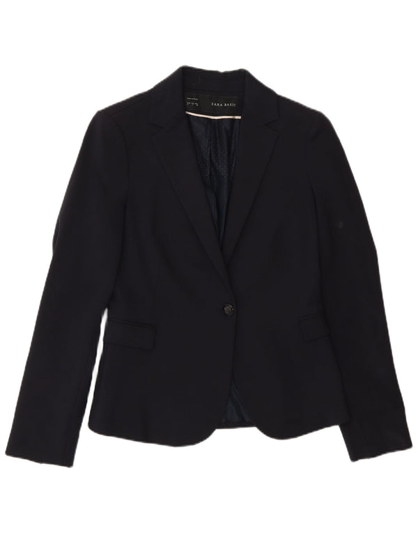 Zara Dame 1 Knap Blazer Jacket UK 10 Small Navy Blue Bomuld