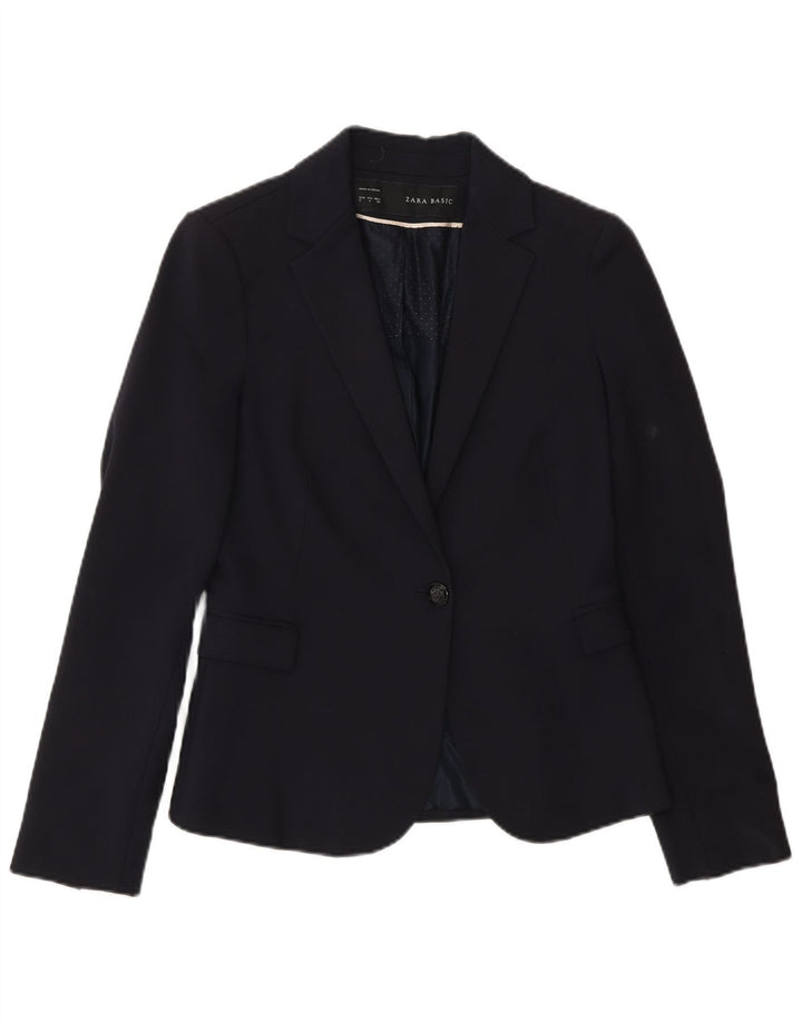 Zara Dame 1 Knap Blazer Jacket UK 10 Small Navy Blue Bomuld