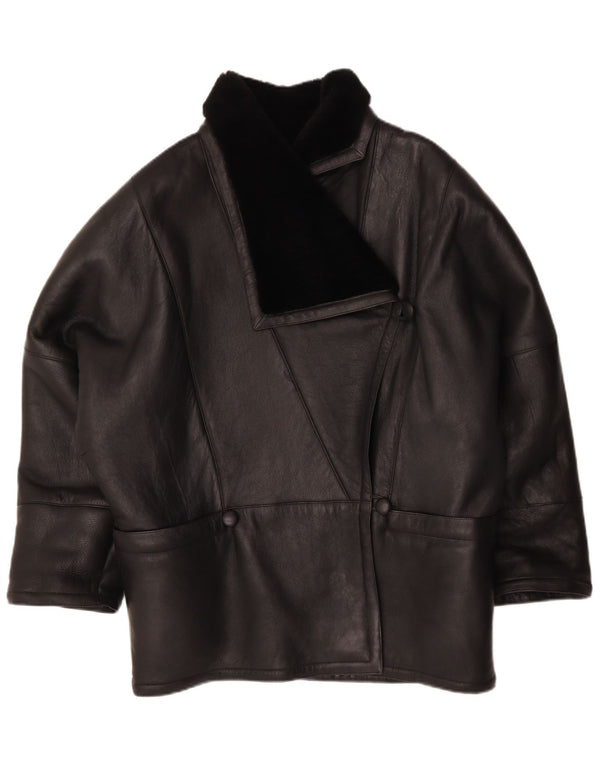 Vintage Womens Oversized Shearling Jacket IT 44 Medium Black Leather