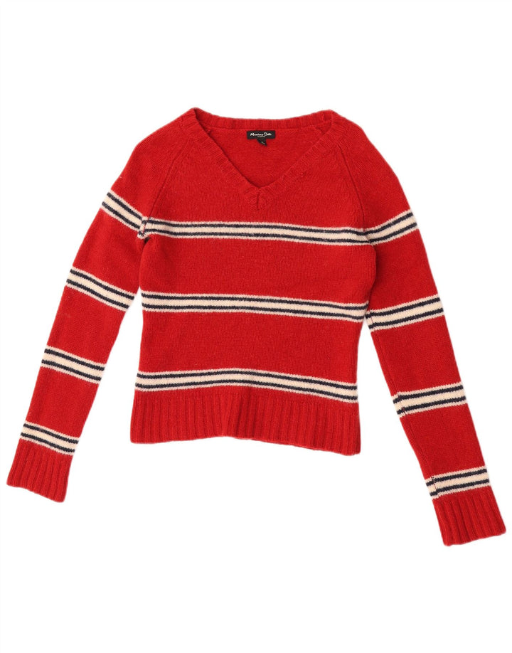 Massimo Dutti Womens Crop V-hals sweater UK 8 Lille rødstribet uld