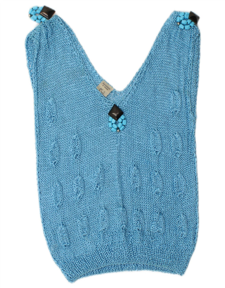 Vintage Dame Vest Tank Top UK 10 Small Blue Rayon